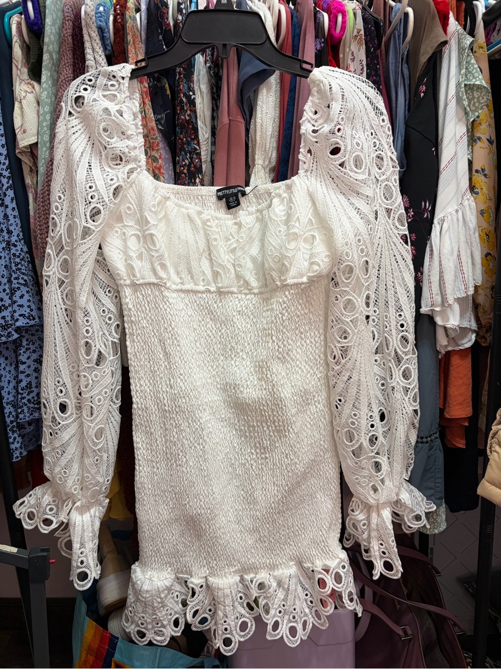 PrettyLittleThing White Eyelet Lace Smocked Mini Dress